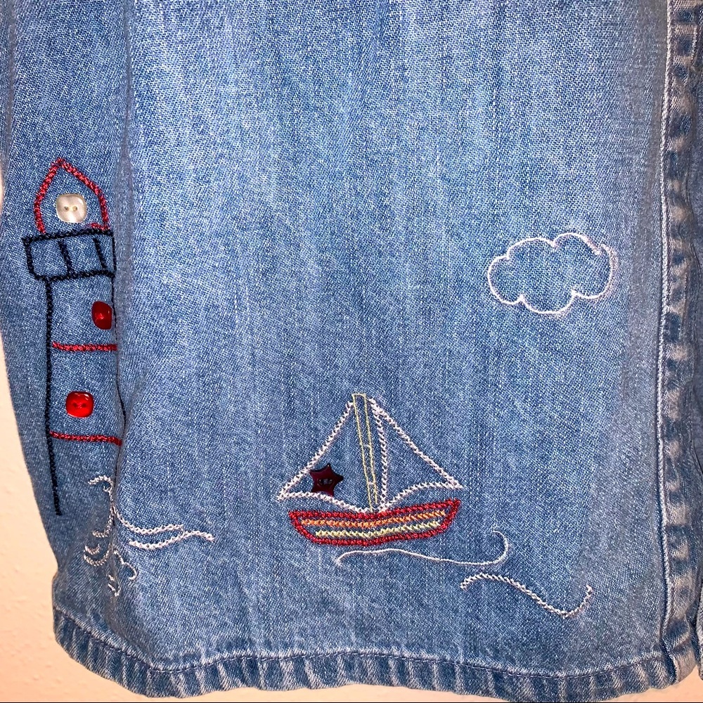 Christopher & Banks Large Cotton Denim Look Embroidered Nautical Theme Shirt - Picture 6 of 11